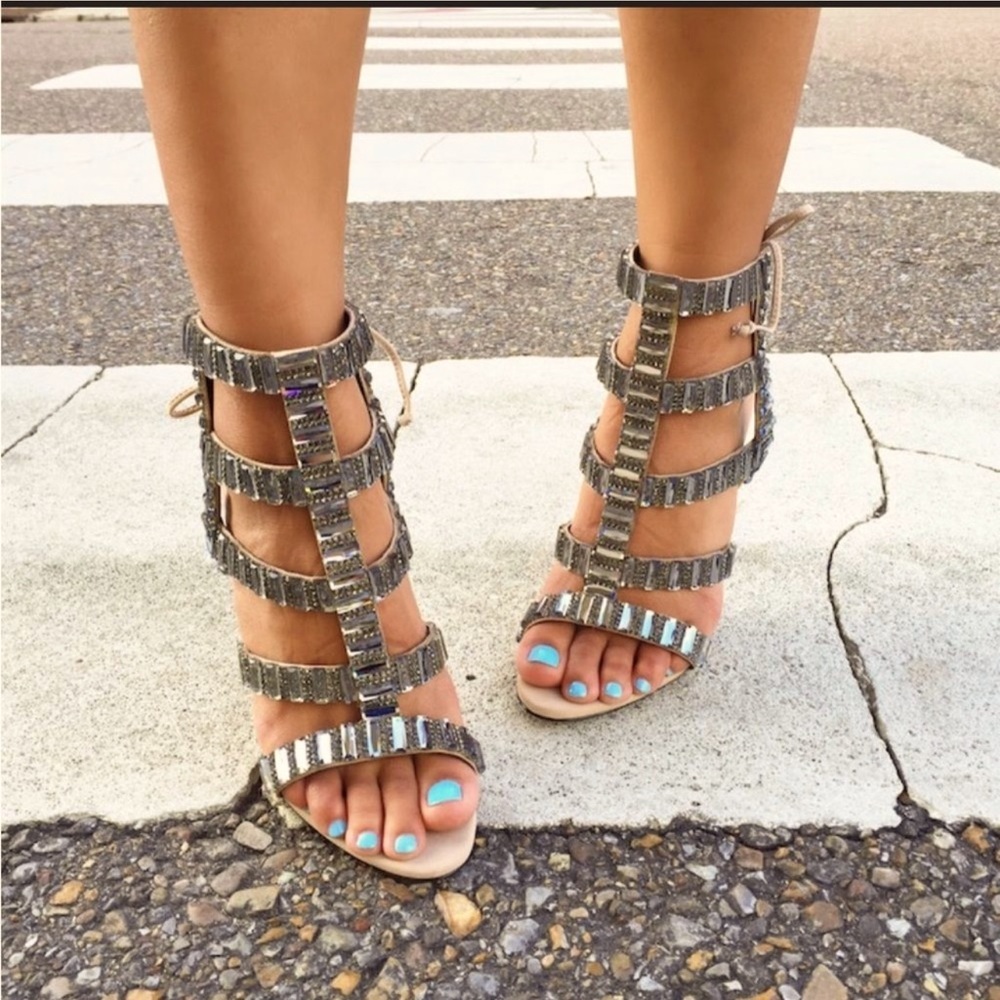 SCHUTZ Suede Paloma Wrap Heels, Color: Oyster, 40 EU/9 US Embellished Stilletos